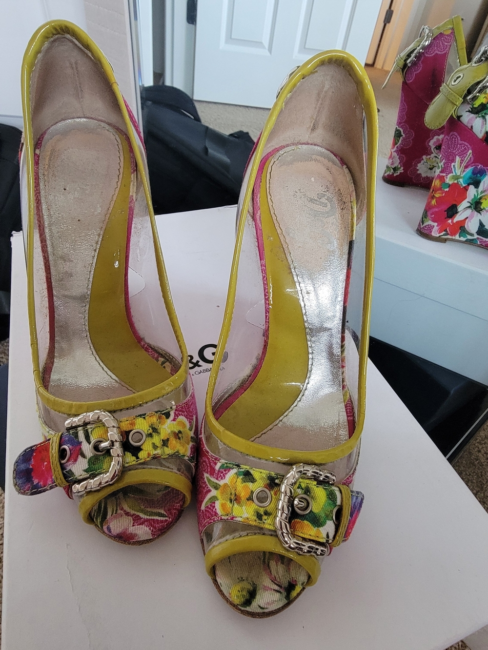 Dolce & Gabbana Yellow Floral Peep-Toe Wedge Heels